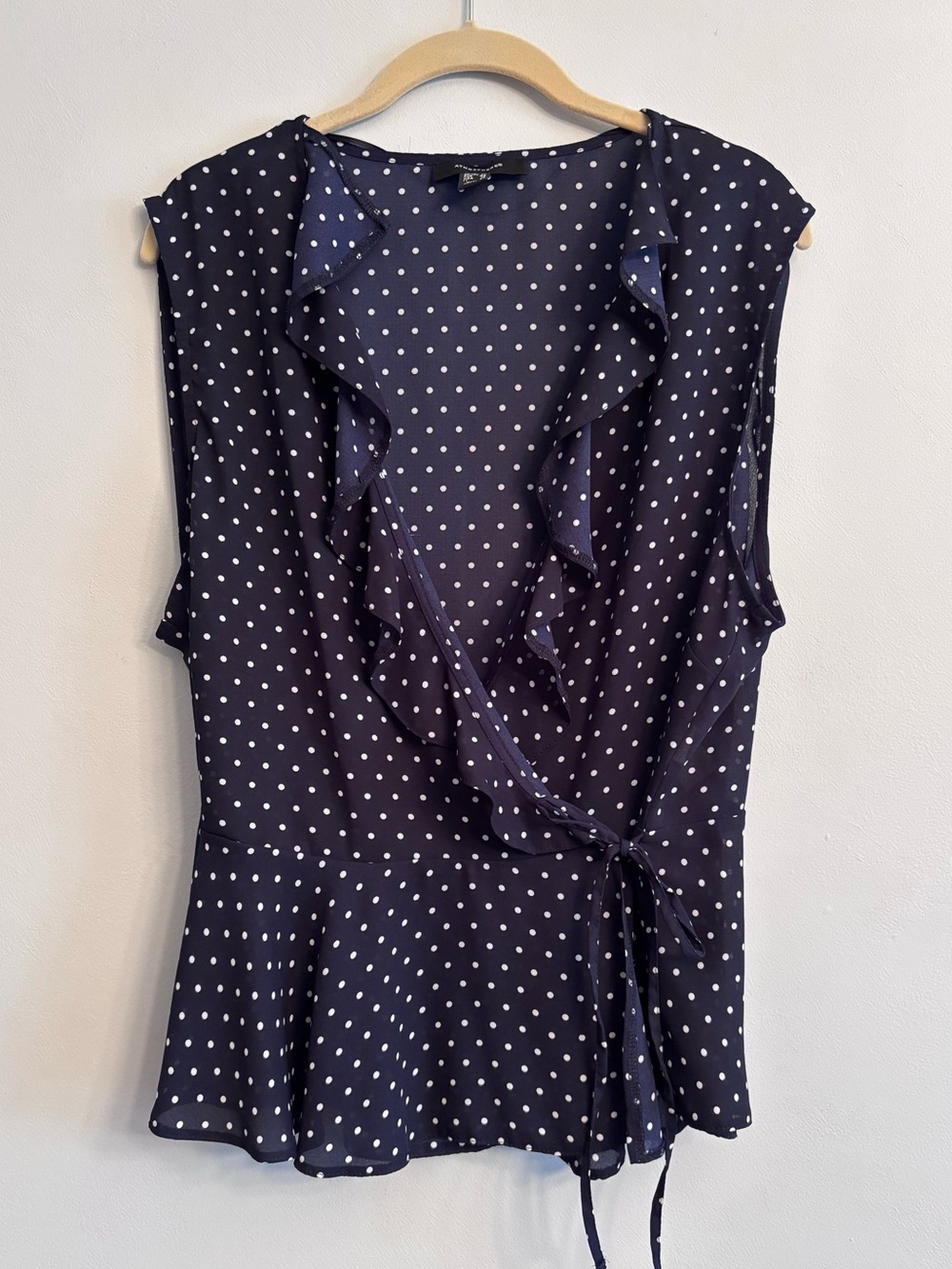 Atmosphere Navy and White Polka Dot Wrap Tank with Ruffle Trim